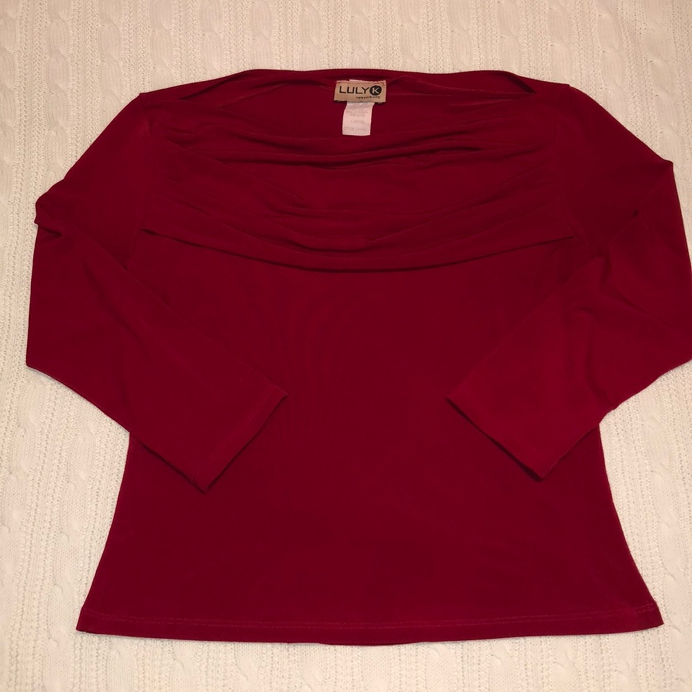 3/4 Sleeve Junior’s Red Cowlneck Dressy Blouse